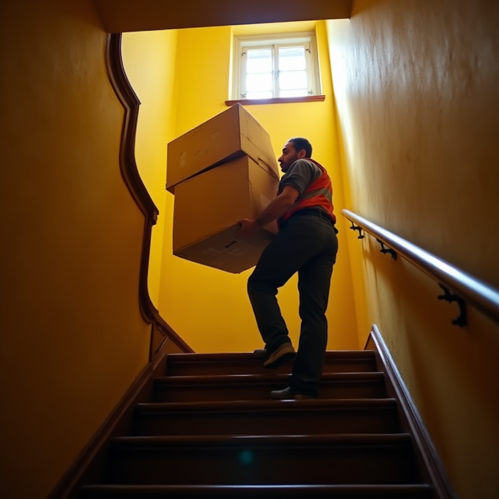 Umzugskartons werden durch das Treppenhaus getragen
